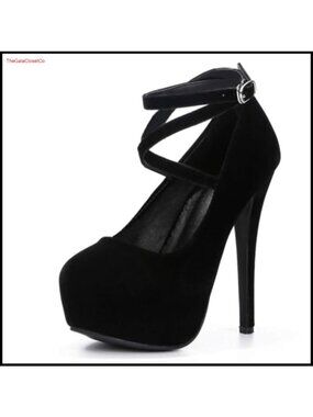 Platform High Heel Pumps with Criss Cross Ankle Strap Closed Toe Dress Shoes